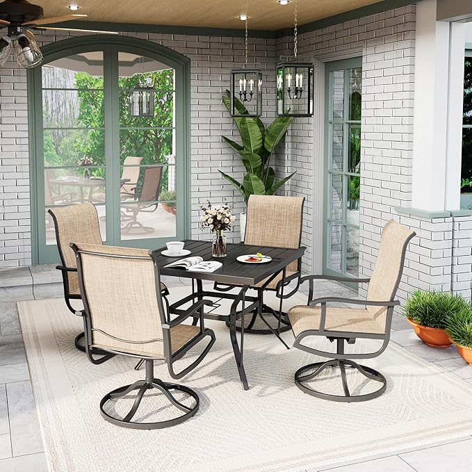 5-Piece Outdoor Dining Set, Patio Furniture Set with Textilene Swivel Chairs, Outdoor Table & 4 Chairs for Garden, Backyard, Poolside, Deck, Beige