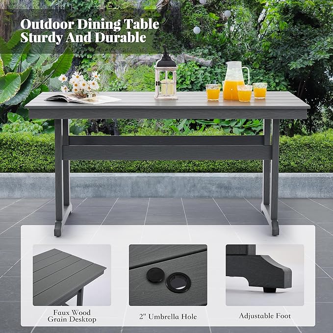 HDPE Dining Table Set for 6,7-Piece Outdoor Table and Chairs Include 6 Dining Chairs and 62.5" Patio Dining Table with Umbrella Hole (Gray)