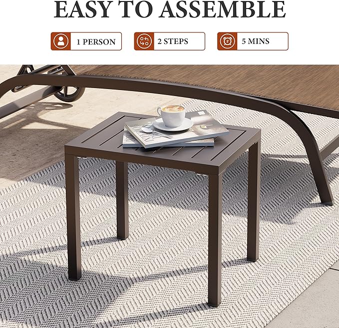 Crestlive Products Outdoor Side Table Set of 2, Aluminum Small Rectangular Weather Resistant Coffee End Tables for Patio Balcony Pool Deck (Brown)