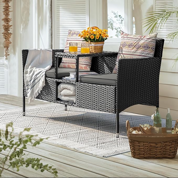Devoko Outdoor Patio Loveseat Modern Rattan 2-Seat Patio Conversation Set with Cushions & Built-in Coffee Table Porch Furniture for Garden Lawn Backyard (Grey)
