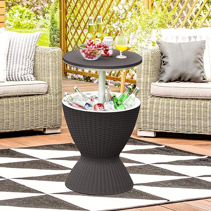 Tangkula Outdoor Cool Bar Table, Rattan Patio 8 Gallon Beer and Wine Cooler, All-Weather Ice Bucket w/Height Adjustable Top, Drainage Plug, 3-in-1 Cocktail Coffee Table for Party, Picnic (Black)