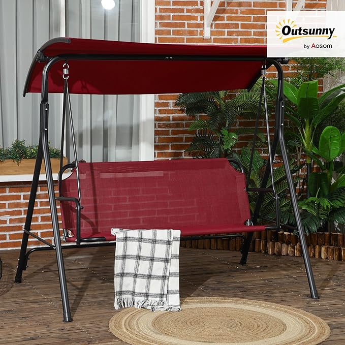 Outsunny 3-Person Porch Swing with Stand, Outdoor Swing for Patio Porch with Adjustable Tilt Canopy and Comfortable Swing Bench-Style Seat, Steel Frame, Wine Red