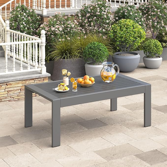 Wisteria Lane Outdoor Furniture Patio Coffee Table, Rectangle Outdoor Coffee Table, All-Weather Patio Metal Coffee Table for Balcony, Garden, Deck, Backyard, Grey