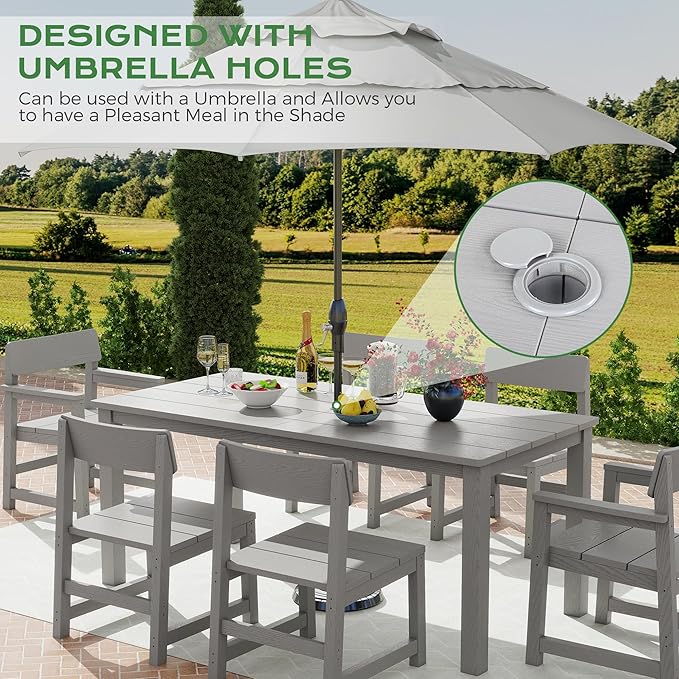 9 Piece Patio Dining Sets for 8 HIPS Outdoor Dining Table Set with Umbrella Hole Table and 8 Chairs Furniture for Backyard Poolside Garden, Grey
