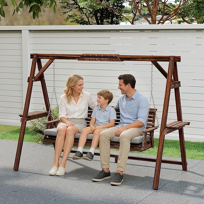 Outsunny 3 Seat Porch Swing with Stand, Wooden Patio Swing Chair with Cushion, Side Trays and Metal Chains, Outdoor Bench for Garden, Poolside, Backyard, Carbonized Brown