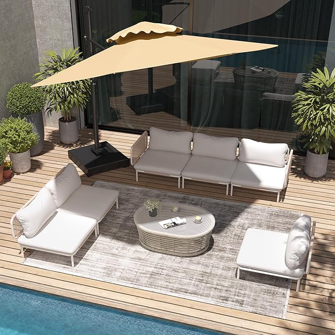 6 Piece Modern Outdoor Sectional Sofa, 31" Oversized Patio Furniture Set with Olefin Woven Rope, Weather-Resistant Metal Frame and Removable Cushion, Beige