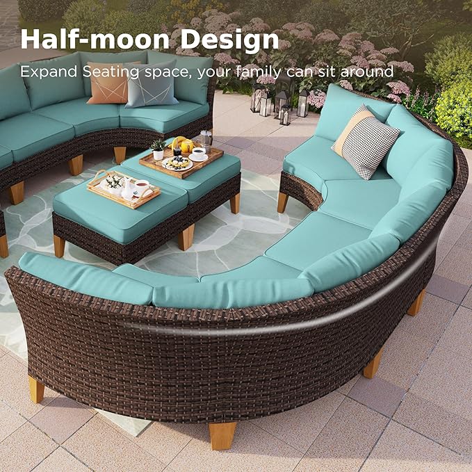 PHI VILLA 7-Piece Half Moon Patio Furniture Set with 56" Fire Pit Table, Outdoor Wicker Sectional Sofa with Cushions, Large Curved Conversation Seating for Garden or Backyard, Aqua Blue