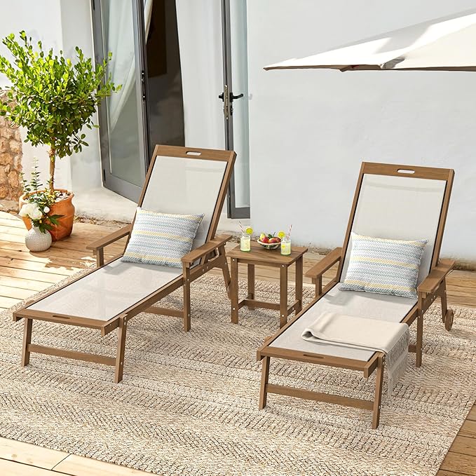 LUE BONA Chaise Lounge Chair Outdoor Set of 4, HDPS and HDPE Wicker Chaise Lounger with 5 Positions, Pool Lounge Chairs with Wheels and Adjustable Backrest for Patio, Poolside, Deck, Backyard