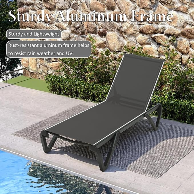 Domi Pool Lounge Chairs Set of 2, Aluminum Adjustable Outdoor Chaise Lounge with Wheels, All Weather Poolside Chairs for Deck Lawn Patio Backyard, Textilene - Dark Gray