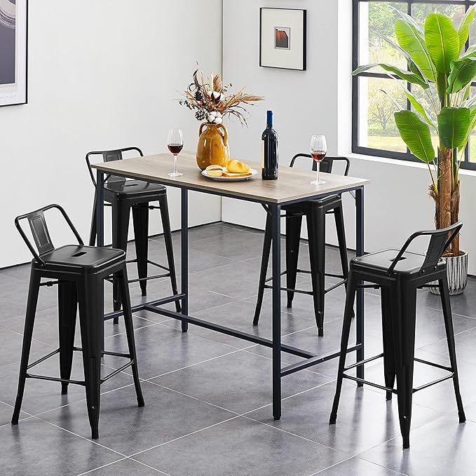 Yaheetech Bar Stools Set of 4, Metal Counter Height Chairs, 26 Inch Industrial Kitchen Stools with Backrest and Footrest for Indoor/Outdoor, Matte Black