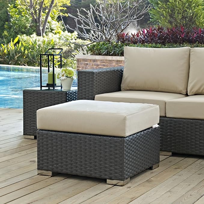 Modway EEI-1855-CHC-BEI Sojourn Wicker Rattan Outdoor Patio Coffee Table, Ottoman, Canvas Antique Beige