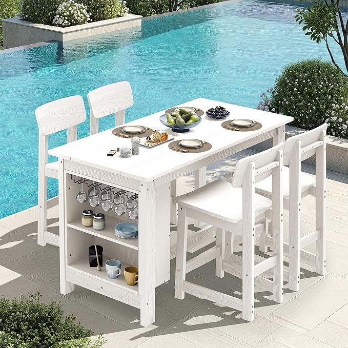 SERWALL 8-Piece HDPE Counter Height Dining Table Sets with Storage and Wine Rack, 2 Rectangular Bar Table with Bar Stools Set of 6 for Garden, Backyard, Kitchen, White
