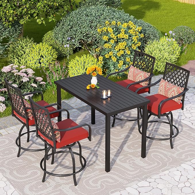 PHI VILLA 5 Piece Patio Bar Height Dining Set, 4 Outdoor Counter Height Swivel Bar Stools with Red Cushion and 1 Long 4-6 Person Metal High Top Bar Table for All Weather
