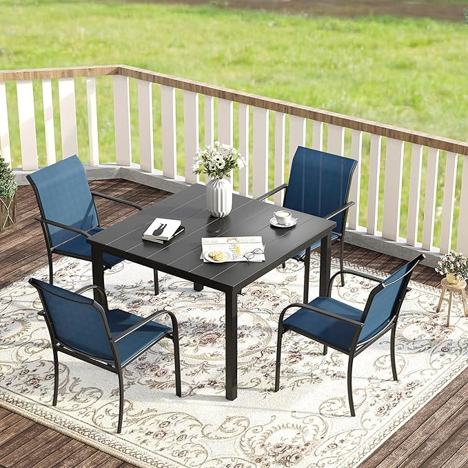 VICLLAX Patio Dining Set for 4, Alll Weather Metal Outdoor Furniture Set Includes 1 Square Outdoor Table and 4 Stackable Patio Chairs, Black Table and Blue Chairs