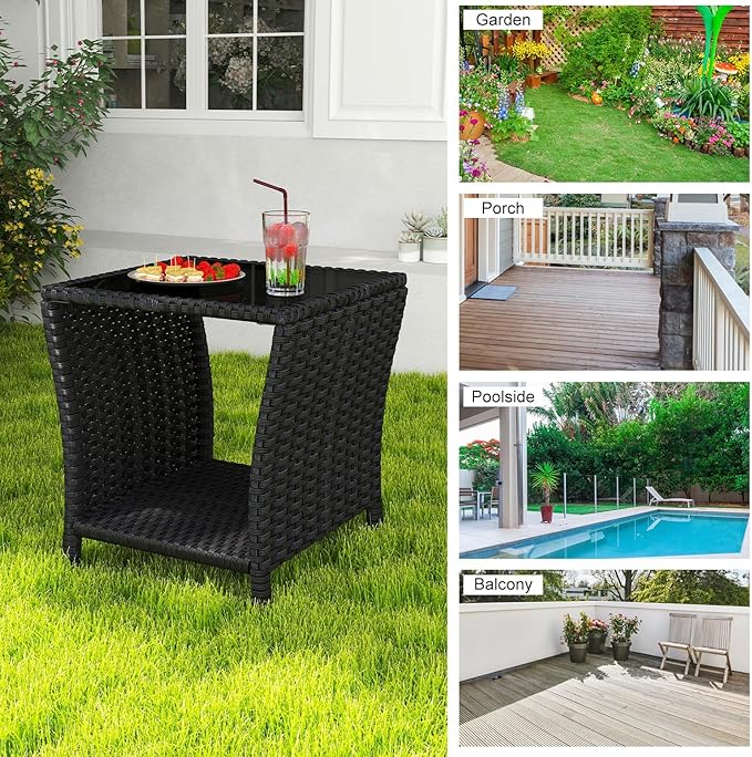 kinbor Small Outdoor Table - Set of 2 Tempered Glass Top Small Outdoor Wicker Side Table with Storage Shelf for Patio, Balcony & Porch, Durable PE Rattan & Iron Frame