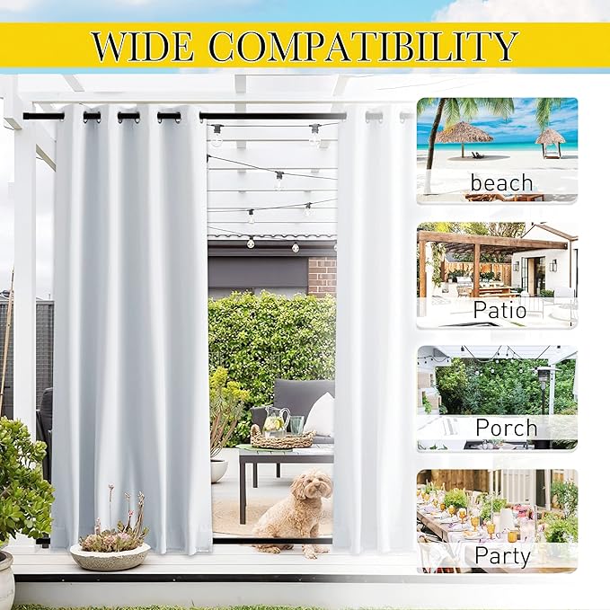NICETOWN 2 Panels Outdoor Curtains for Patio Waterproof with Grommet & Back Tab on top and Bottom, Windproof Privacy Sound & Light Reducing for Gazebo with Fixed Rope, W46 x L63, Greyish White