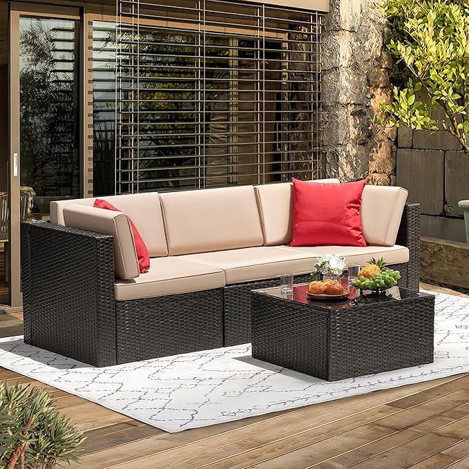 Devoko 4 Pieces Patio Furniture Sets All-Weather Outdoor Sectional Sofa Manual Weaving Wicker Rattan Patio Conversation Set with Cushion and Glass Table (Beige)