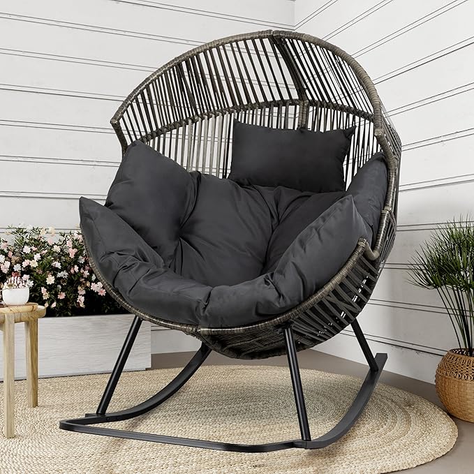 Shintenchi Wicker Egg Chair,Oversized Outdoor Indoor Rocking Chair,Large PE Rattan Rocking Chair with Cushion for Patio, Balcony, Backyard, Garden,Deep Grey