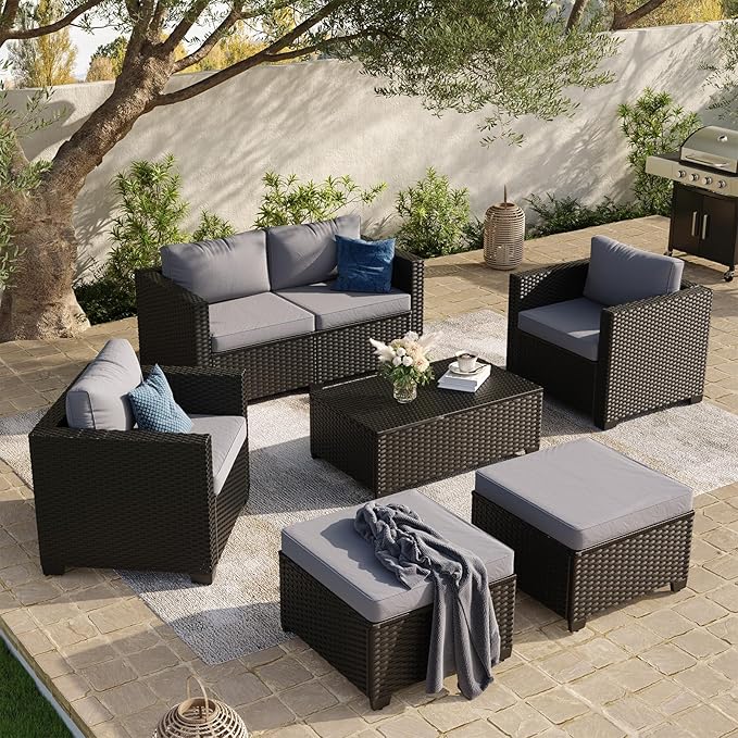 Aoxun 7 Piece Outdoor Patio Furniture Set 6 Seats, Outdoor Sectional with Thick Waterproof Cushions & Storage Coffee Table, Patio Conversation Sets for Garden,Backyard, Porch, Balcony, Deck, Gray