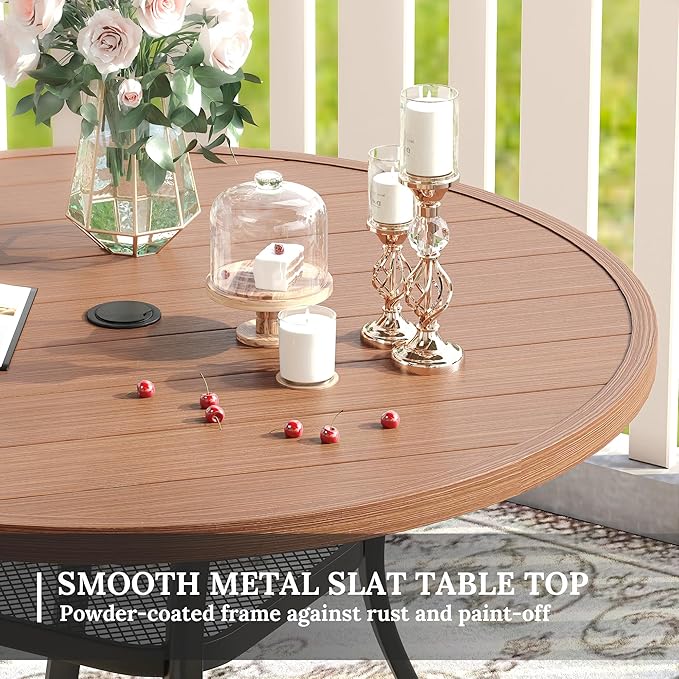 VICLLAX 47.2" Round Patio Table for 6, All Weather Metal Outdoor Dining Table with Adjustable Umbrella Hole, Walnut Wood-Like Tabletop