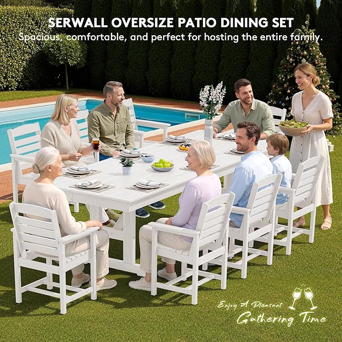 SERWALL Outdoor Dining Chairs Set of 4, All-Weather HDPE Patio Chair with 19.7" Widened Seat, for Backyard, Garden, White