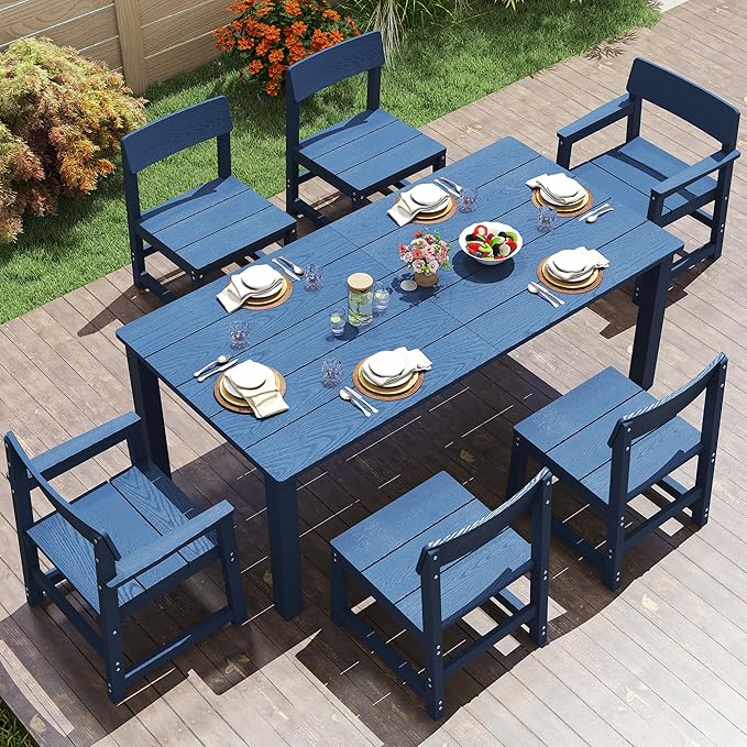 7 Piece Outdoor Dining Table Set HIPS Patio Dining Sets with Umbrella Hole Outdoor Furniture for 6 All Weather Patio Furniture Set for Outside Deck Backyard Poolside Garden, Deep Blue