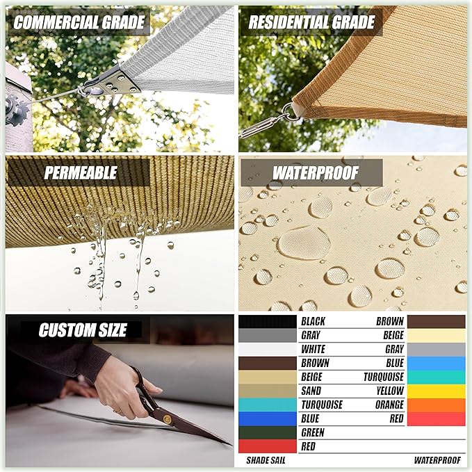 ColourTree 16' x 16' Beige Square Sun Shade Sail Mesh Canopy Fabric Cloth Screen - UV Block Heavy Duty & Commercial Grade, Outdoor Patio Carport (We Make Custom Size)