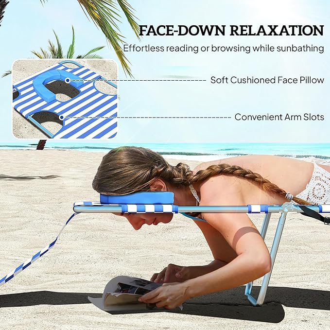 Outsunny Chaise Lounge Chair Outdoor with Face Arm Hole, 5-Position Reclining Face Down Tanning Chair with Carry Strap, Side Pocket, Portable Folding Bed Cot for Patio Beach Pool, Blue Stripe