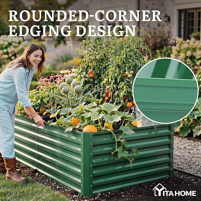 YITAHOME 6x3x2ft Large Raised Garden Bed Kit, Galvanized Metal Planter Box with Gloves, Ground Nails, Support Rod, Outdoor Above Ground Planters for Plants Vegetables Flowers, Green
