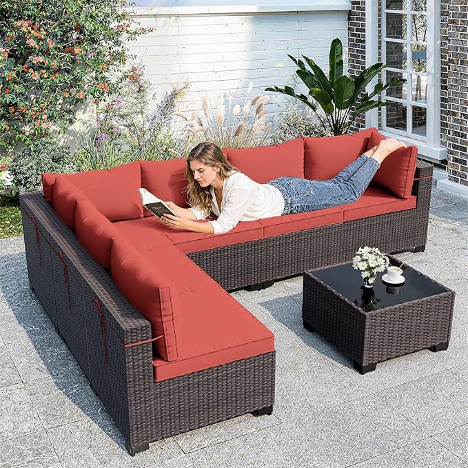 ALAULM Patio Furniture Set with Coffee Table, 7 Pieces Outdoor Sectional with Wide Seat and Thick Cushion, All Weather Wicker Rattan Conversation Set for Backyard, Garden, Deck, Red