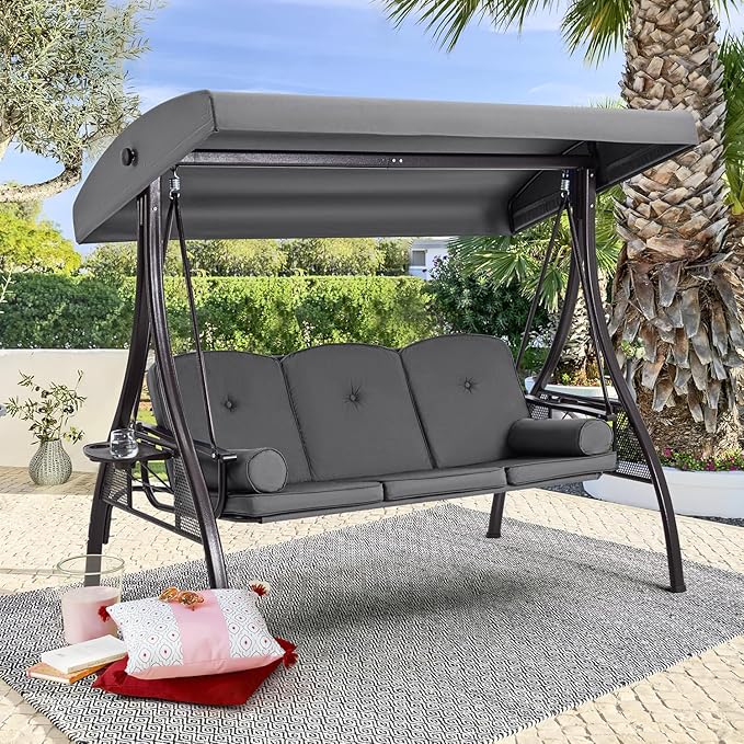HOMREST 3 Person Outdoor Porch Swing with 1.5" Upgraded Cup Holder, Adjustable Canopy, Backrest, Patio Swing Bed with Weather Resistant Steel Frame, Cushions for Garden,Deck and Poolside(Grey)