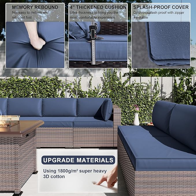 Kullavik 10 Pieces Outdoor Patio Furniture Set with 43" 55000BTU Gas Propane Fire Pit Table PE Wicker Rattan Sectional Sofa Patio Conversation Sets,Navy Blue