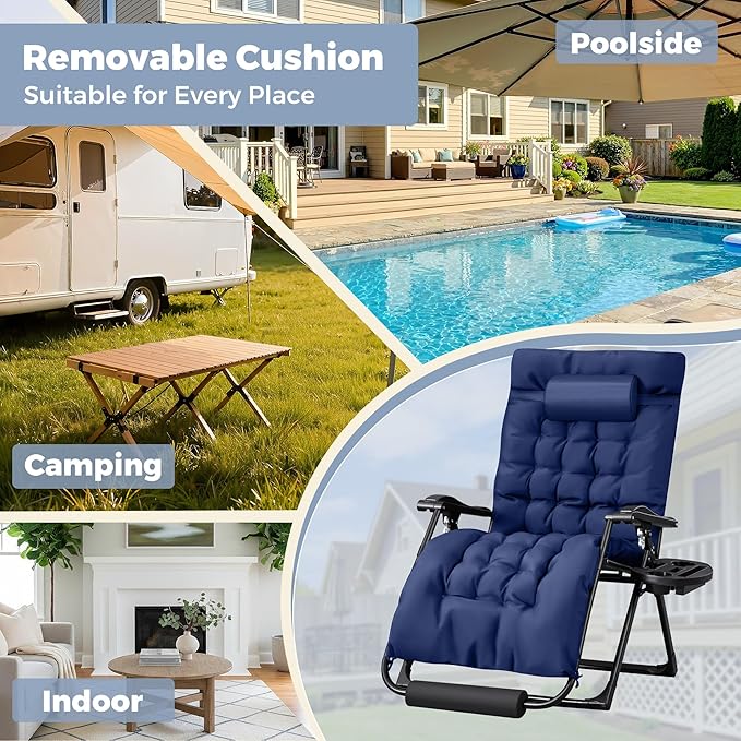 Homall Oversized Zero Gravity Chair, 32In Recliner Lounge Chair with Removable Soft Cushion and Cup Holder, Adjustable Anti Gravity Chair Folding Patio Chairs Padded for Indoor and Outdoor, Blue