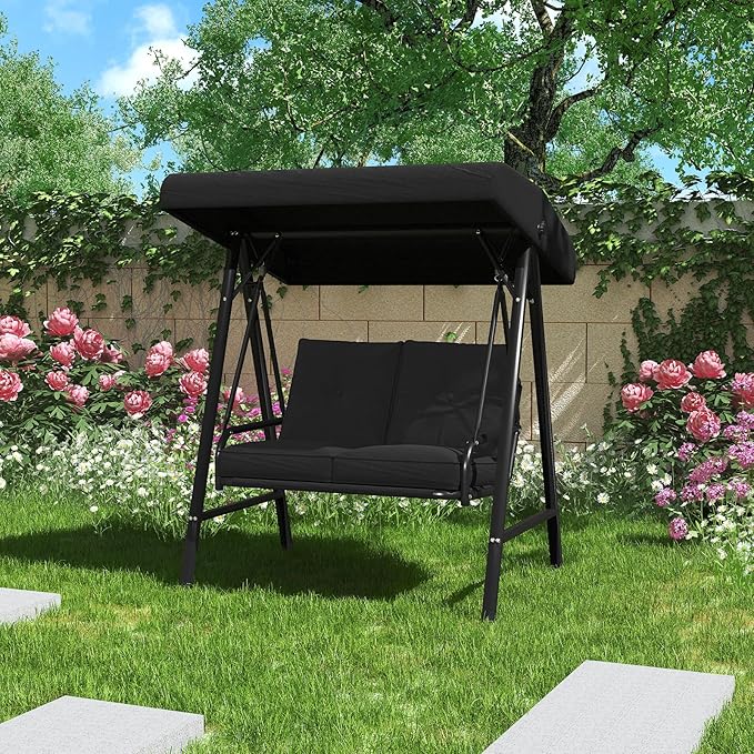 AECOJOY 2-Seat Outdoor Patio Swing Chair with Adjustable Canopy, Porch Swings Chairs for Adult, Outside Swing Bench with Removable Cushion, Suitable for Backyard, Garden, Yard, Poolside, Balcon, Black
