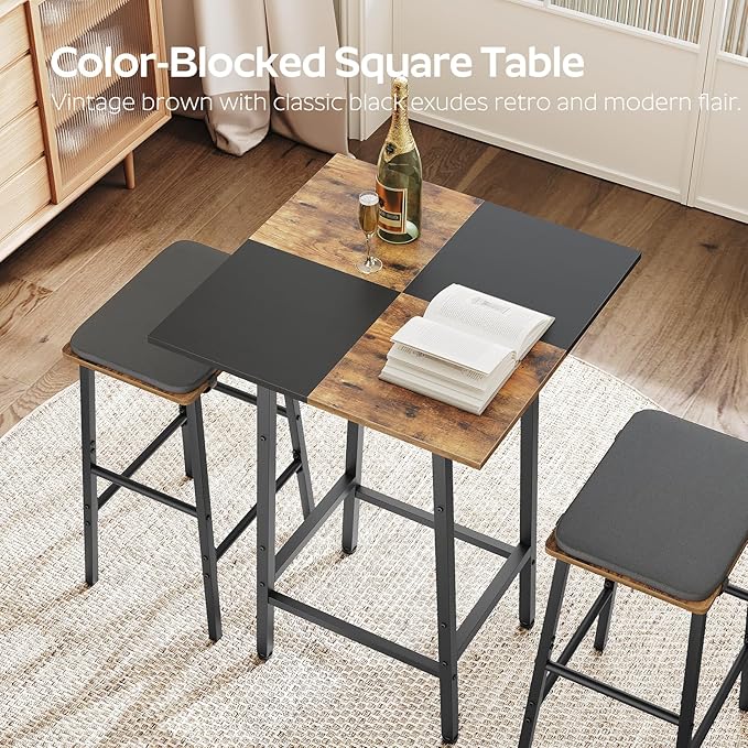 Bar Table, Kitchen Dining Table, Bar Counter Height Table, Pub Color Matching Breakfast Table, for Dining Room, Tavern, Coffee Corner, Party, Rustic Brown and Black BT02BR
