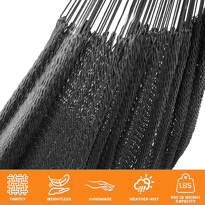 Lazy Daze Hammocks Handwoven Mayan Hammock, 10.5 FT Soft Rope Double Hammocks, Portable Outdoor Hammock with Carry Bag, 2 Straps & Carabiners for Patio Outside, 550 lbs Weight Capacity, Gray