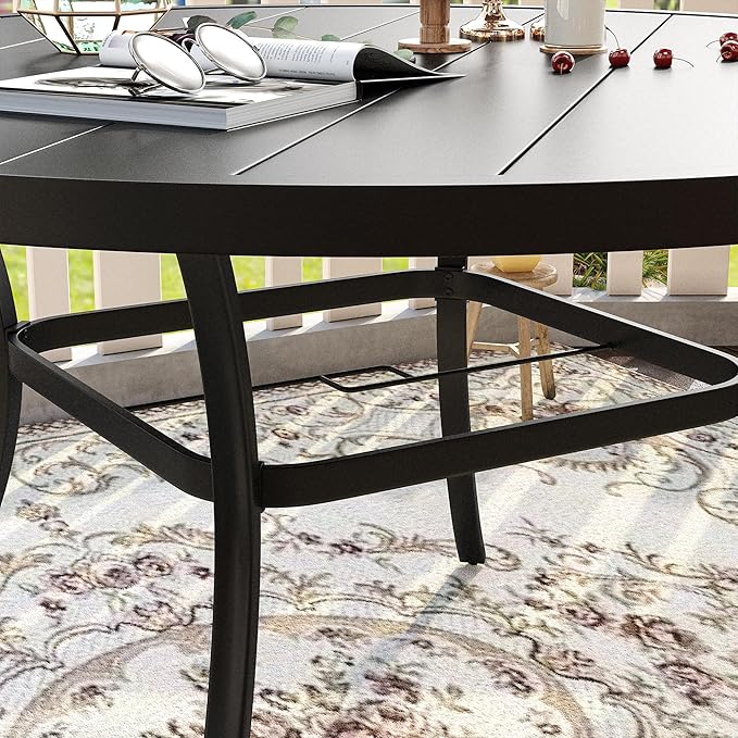 VICLLAX Patio Dining Set for 8, Outdoor Furniture Set Includes 53" Round Patio Table and 8 Patio Sling Chairs, Black Tabletop and Blue Fabric