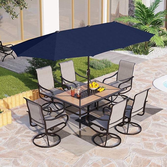 PHI VILLA Outdoor Patio Dining Set with Umbrella for 6 Person, Outdoor Swivel Dining Chairs & 1 Large Wooden-Like Top Table with 13ft Navy Blue Outdoor Umbrella(No Base) for Deck Lawn Garden Backyard