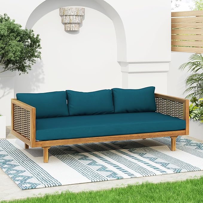 Christopher Knight Home Claremont Patio Sofa and Coffee Table Set, 2 Piece Wicker Patio Furniture Set, Acacia Wood 3 Seater Outdoor Sofa Daybed and Coffee Table Set, Teak+Dark Teal