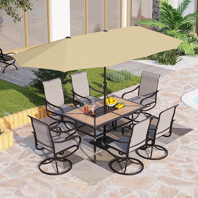 PHI VILLA Patio Dining Set with Umbrella for 6 Person, Outdoor Swivel Dining Chairs & 1 Large Wooden-Like Top Table with 13ft Beige Outdoor Umbrella for Deck Lawn (No Umbrella Base)