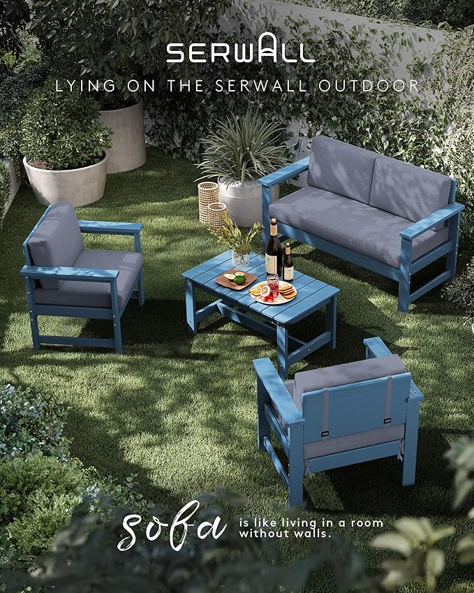 SERWALL 4 Pieces HDPE Outdoor Sofa Set with Cushion, All Weather Use Conversation Couch Set, Outdoor Loveseat Social Furniture with Coffee Table and Cushions, Blue Frame with Grey Cushions
