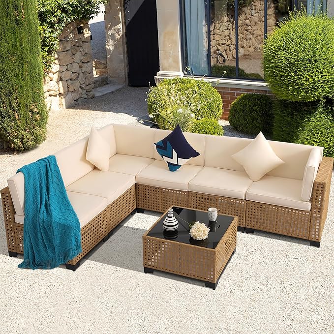 KIGOTY Patio Furniture Set,7 Pieces Modular Outdoor Sectional Sofa, PE Rattan Patio Conversation Set, All Weather Wicker Patio Furniture with Cushions and Coffee Table（Yellow/White）