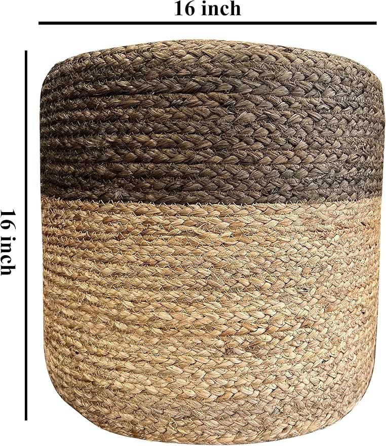 S & L Homes Pouf Ottoman - 100% Jute Braided Footrest Pouf Hand Knitted Traditional Cord Boho Pouffe for Living Room, Bedroom, Nursery, Patio, Lounge Colorblock - Natural Brown (16”x16”x16”)
