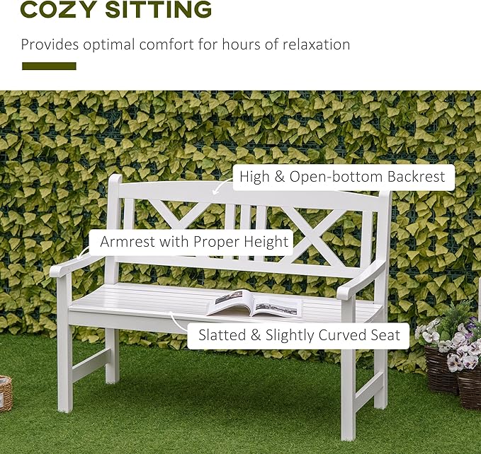 Outsunny 2-Seater Wooden Garden Bench, 4FT Outdoor Patio Loveseat with Unique X-Shape Back for Yard, Lawn, Porch, White