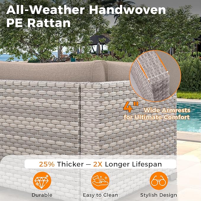 10-Seat Modern Patio Furniture Set with Swivel Rocking Chairs, Thick 4″ Cushions, Dual-Strand Wicker Rattan, Rust-Resistant Steel Frame – Outdoor Conversation & Modular Sectional,Beige