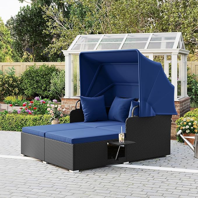 ORALNER Outdoor Daybed, 2-Person Wicker Patio Sofa with Retractable Canopy, Cushions & Pillows, 2 Side Trays, PE Rattan Sunbed Double Lounger for Deck Poolside Garden Balcony (Navy)