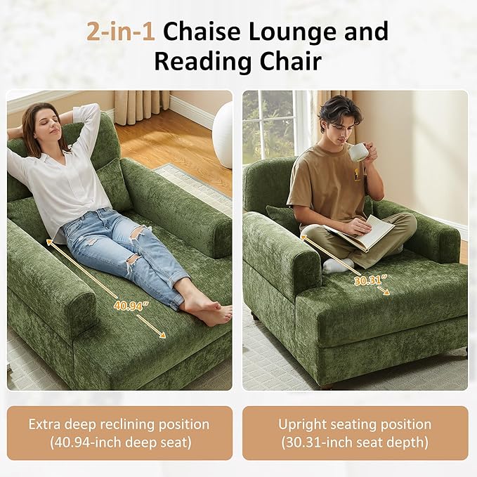 Chaise Lounge Chair Indoor with Adjustable Backrest, Oversized Accent Armchair for Living Room & Bedroom, Upholstered Mid-Century Reading Chair, Comfy Single Sofa Chair, Modern Living Room Chair