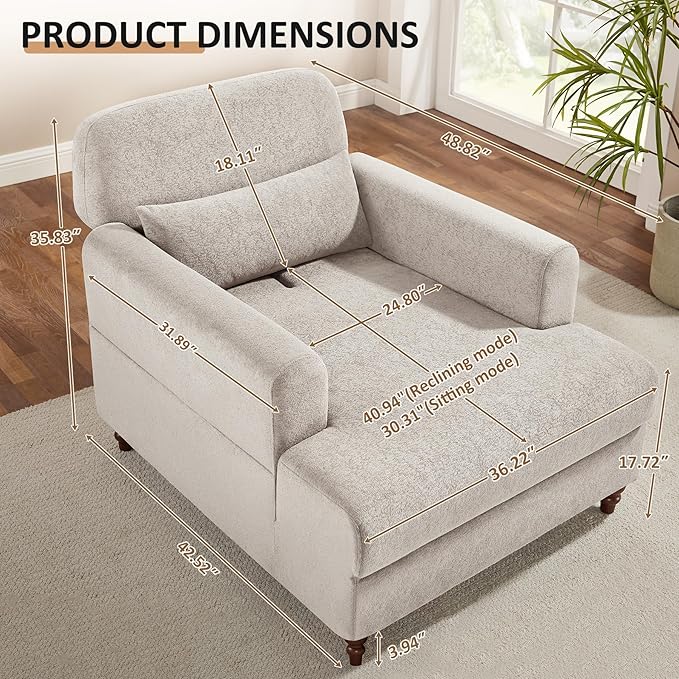 VANOMi Chaise Lounge Accent Chair Indoor with Adjustable Backrest, Oversized Upholstered Deep Seat Reading Arm Chair, Comfy Cloud Fluffy Chaise Sofa Recliner, for Living Room, Movie, Bedroom