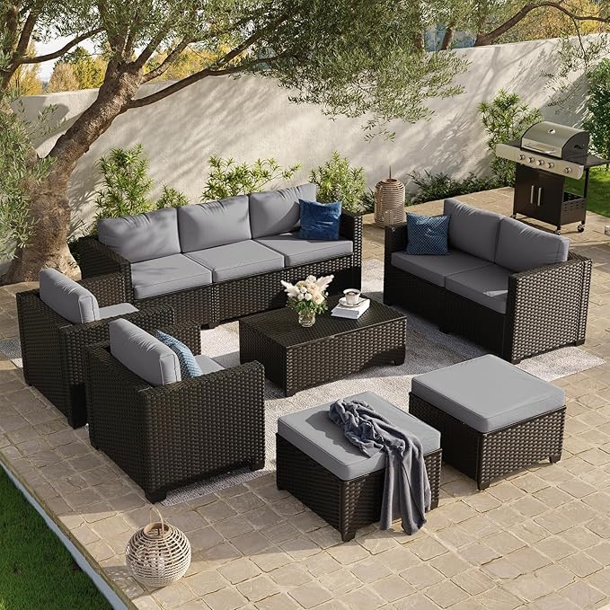 Aoxun 9 Piece Outdoor Patio Furniture Set 8 Seats, Outdoor Sectional with Thick Waterproof Cushions & Storage Coffee Table, Patio Conversation Sets for Garden,Backyard, Porch, Balcony, Deck, Gray