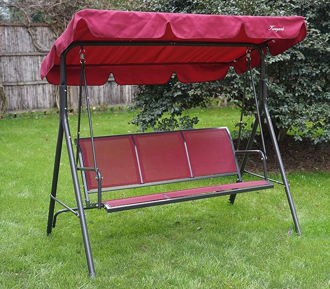 Kozyard 3-Person Outdoor Canopy Porch Swing Chair, Breathable Textilene Armrest Seat, Adjustable Shade, Heavy-Duty Powder-Coated Steel Frame Swing for Patio, Backyard, Poolside & Balcony Burgundy